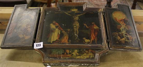 French triptych, Isenheim Altarpiece & Annunciation after Grunewald, print on giltwood panel